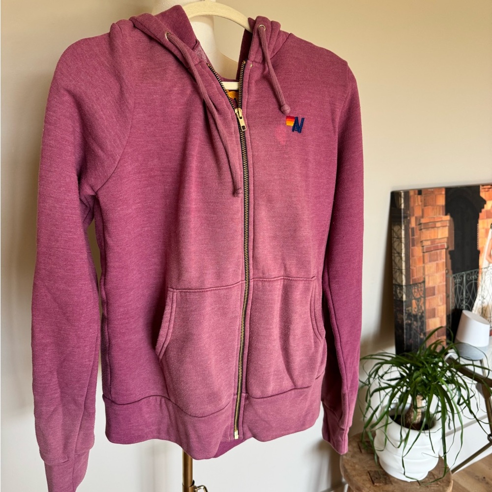 Aviator Nation Dusty Rose Zip-Up Hoodie with Rainbow Accent - Picture 2 of 3